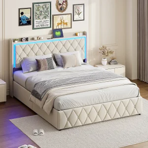 140×190 cm beige fluwelen bed met led-hoofdeinde, gaslift, USB en Type-C-oplaadfunctie 140×190 cm beige fluwelen bed met led-hoofdeinde, gaslift, USB en Type-C-oplaadfunctie