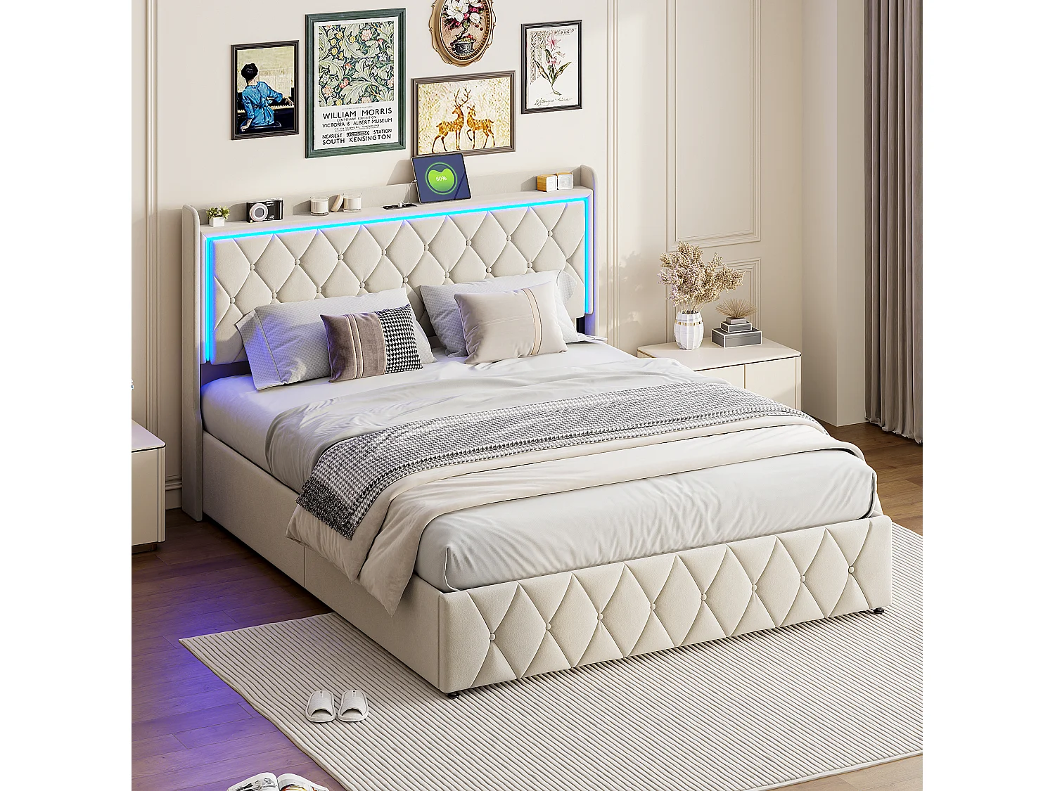 140×190 cm beige fluwelen bed met led-hoofdeinde, gaslift, USB en Type-C-oplaadfunctie
