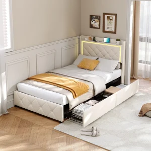 90×200 cm beige fluwelen bed met led-hoofdeinde, gaslift, USB en Type-C-oplaadfunctie