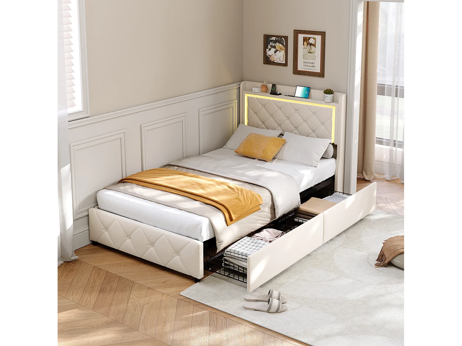 90x200 cm beige fluwelen bed met led-hoofdeinde, gaslift, USB en Type-C-oplaadfunctie