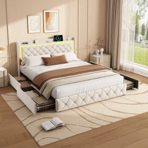 140×190 cm beige fluwelen bed met led-hoofdeinde, gaslift, USB- en type-C-poorten 140×190 cm beige fluwelen bed met led-hoofdeinde, gaslift, USB- en type-C-poorten