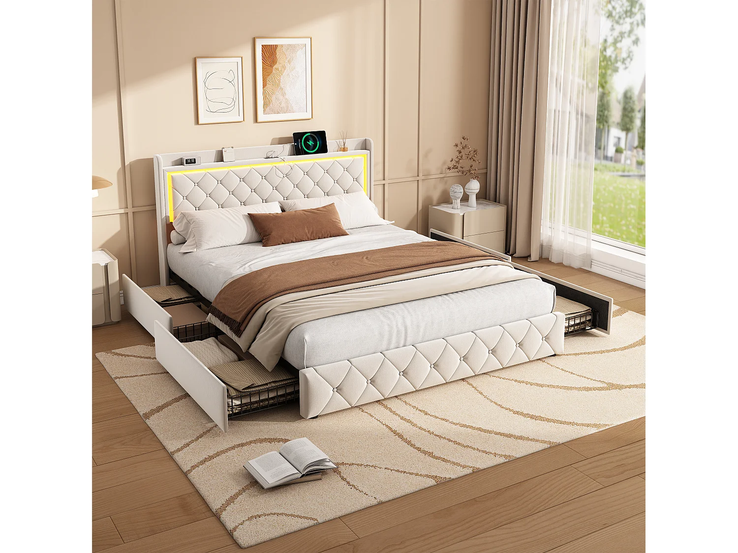 140×190 cm beige fluwelen bed met led-hoofdeinde, gaslift, USB- en type-C-poorten