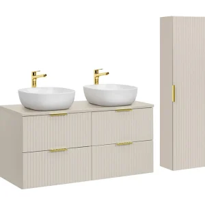 Badkamerset NOXERA 120 cm – Congo Bruin – 2 opzetwastafels + 4 laden + hangende kolom