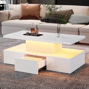 2-laags glanzende salontafel met LED's + open plank + 1 schuiflade – 100 x 50 x 39 cm – spaanplaat – wit 2-laags glanzende salontafel met LED's + open plank + 1 schuiflade – 100 x 50 x 39 cm – spaanplaat – wit