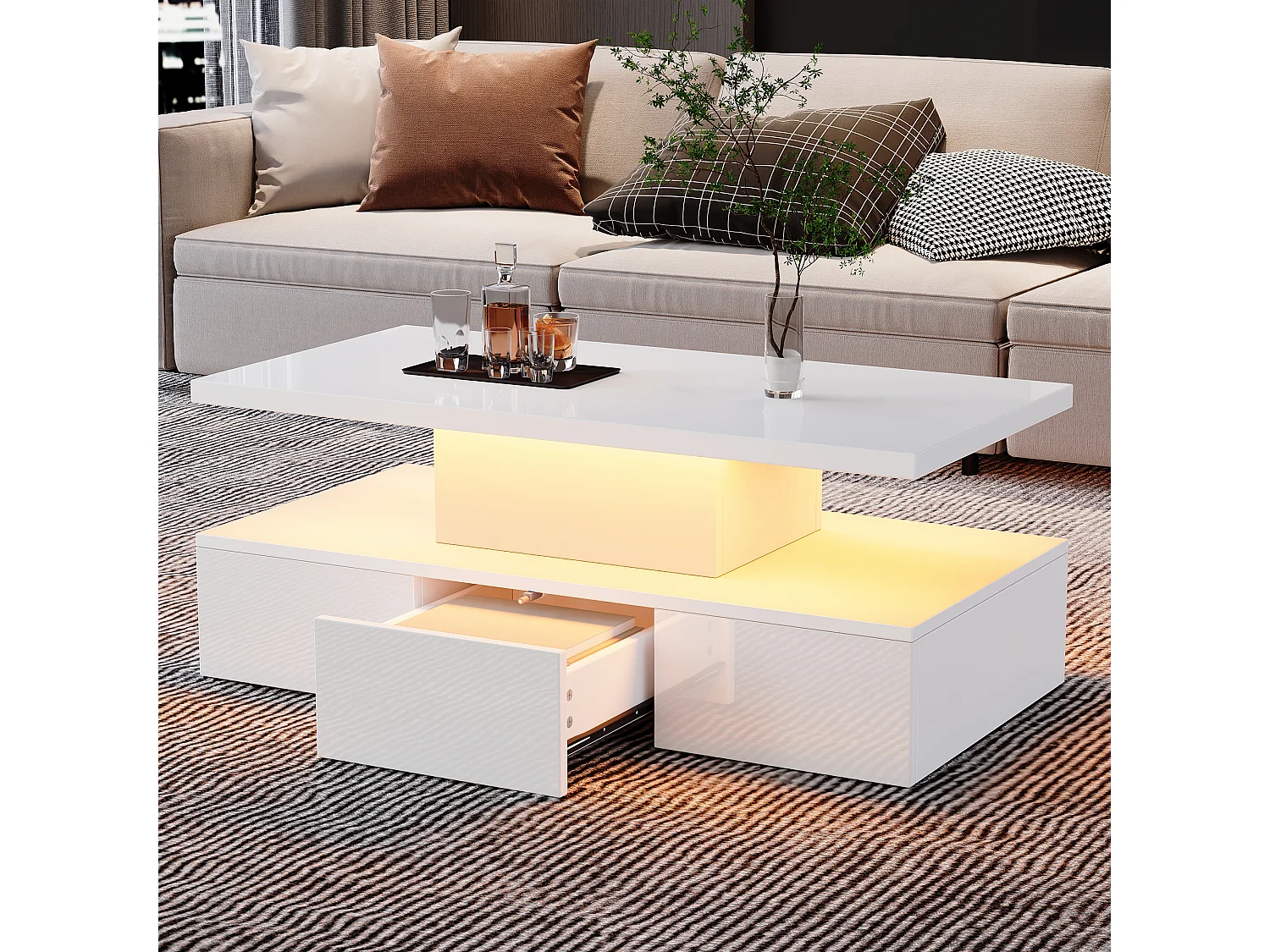 2-laags glanzende salontafel met LED's + open plank + 1 schuiflade - 100 x 50 x 39 cm - spaanplaat - wit