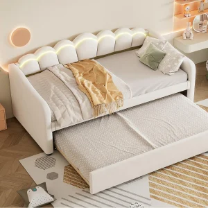 90x200cm bedbank met LED + 90x190cm onderschuifbed – bekleed met fluwelen stof – Beige (matras niet inbegrepen) 90x200cm bedbank met LED + 90x190cm onderschuifbed – bekleed met fluwelen stof – Beige (matras niet inbegrepen)