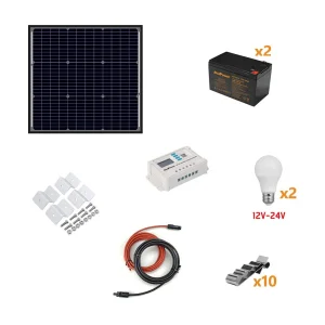 Kit Îlot Photovoltaïque 50W Kit avec panneau solaire, contrôleur de charge, ampoules et accessoires d'installation Kit Îlot Photovoltaïque 50W Kit avec panneau solaire, contrôleur de charge, ampoules et accessoires d'installation