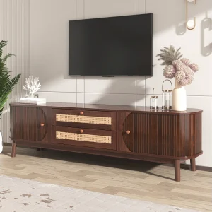170 cm breed houten tv-meubel, massief hout en rotan, schuifdeuren en lades, tv-bank met opbergruimte, bruin