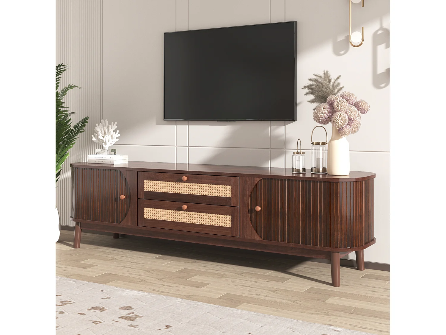 170 cm breed houten tv-meubel, massief hout en rotan, schuifdeuren en lades, tv-bank met opbergruimte, bruin
