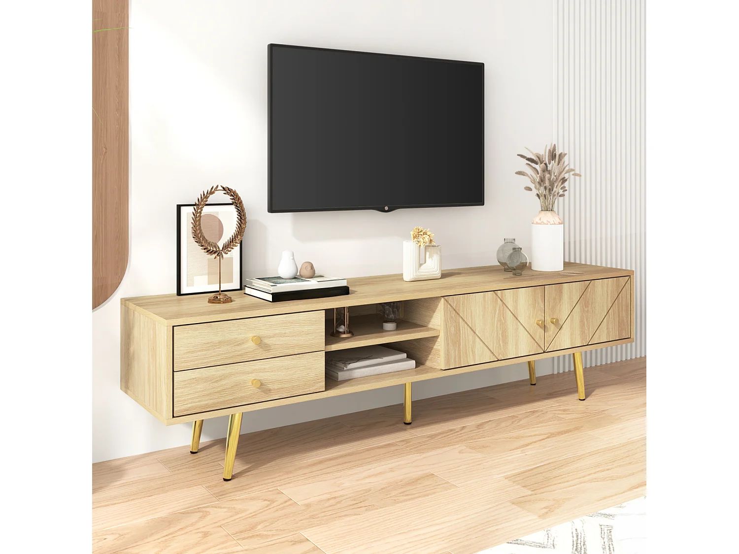 160 cm tv-meubel met gouden poten – Modern tv-meubel met 2 lades en 2 deuren – Duurzaam hout