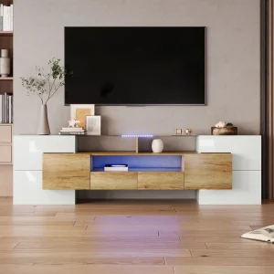 200 cm tv-meubel met ledverlichting, woonkamermeubel, modern design, elegant glazen blad, houtkleur 200 cm tv-meubel met ledverlichting, woonkamermeubel, modern design, elegant glazen blad, houtkleur