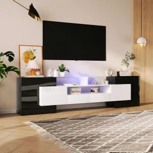 200 cm tv-meubel met ledverlichting, woonkamermeubel, modern design, elegant glazen blad, zwart 200 cm tv-meubel met ledverlichting, woonkamermeubel, modern design, elegant glazen blad, zwart