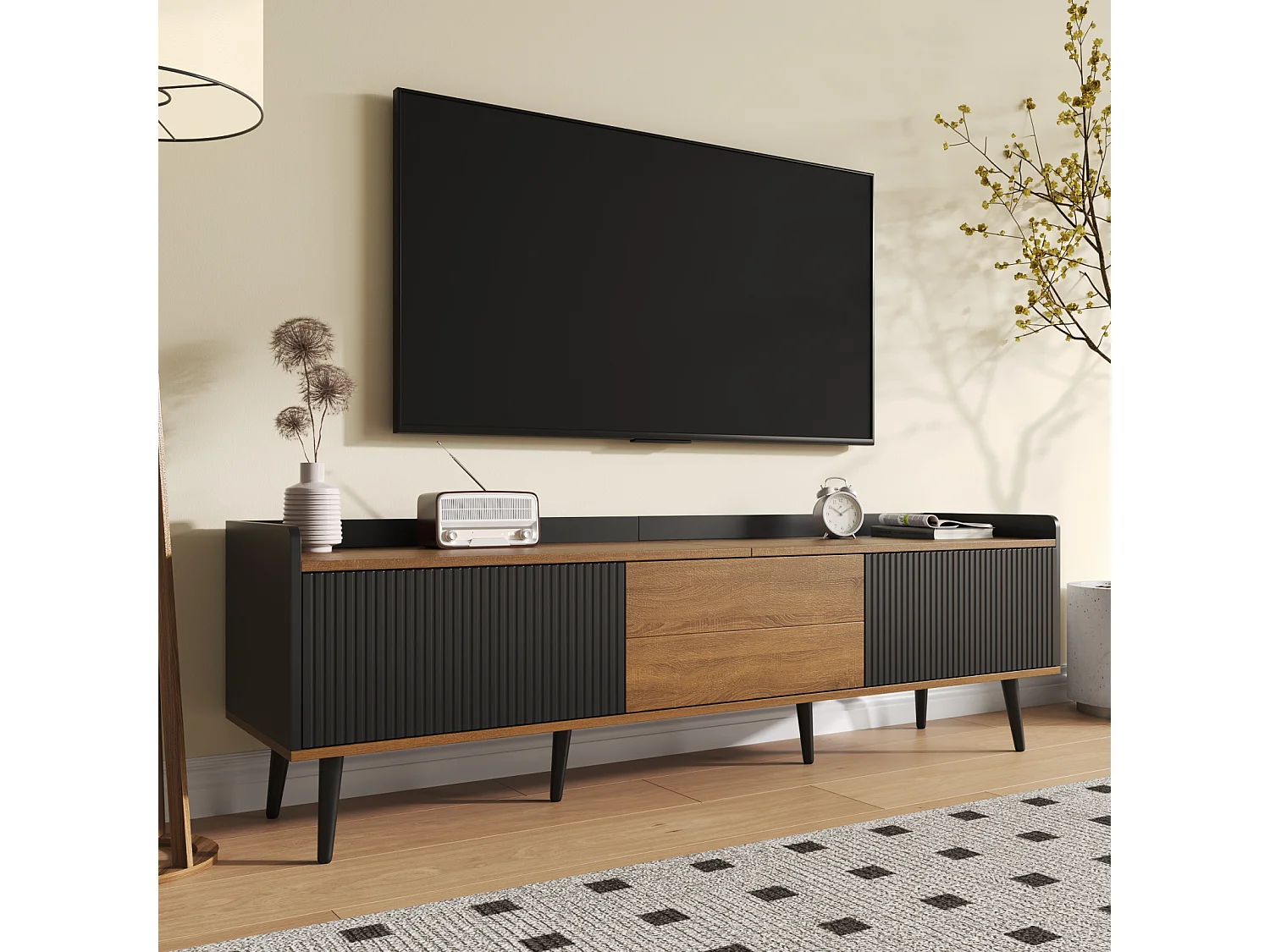 160 cm tv-meubel, laag dressoir met 3 deuren en plank, modern tv-meubel voor de woonkamer, zwart