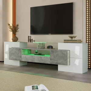 200 cm tv-meubel met ledverlichting, woonkamermeubel, modern design, elegant glazen blad, grijs 200 cm tv-meubel met ledverlichting, woonkamermeubel, modern design, elegant glazen blad, grijs