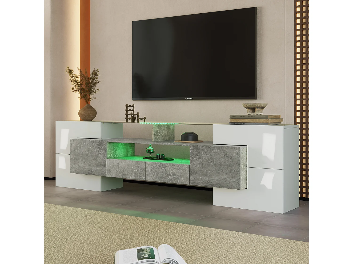 200 cm tv-meubel met ledverlichting, woonkamermeubel, modern design, elegant glazen blad, grijs