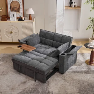 2-zits slaapbank 3 in 1 – 140,5 x 74 x 82 cm – met verstelbare rugleuning + USB + 1 verborgen tafel – MDF – grijs 2-zits slaapbank 3 in 1 – 140,5 x 74 x 82 cm – met verstelbare rugleuning + USB + 1 verborgen tafel – MDF – grijs