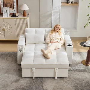 2-zits slaapbank 3 in 1 – 140,5 x 74 x 82 cm – met verstelbare rugleuning + USB + 1 verborgen tafel – MDF – beige 2-zits slaapbank 3 in 1 – 140,5 x 74 x 82 cm – met verstelbare rugleuning + USB + 1 verborgen tafel – MDF – beige