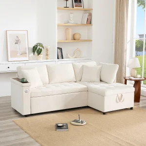 3-zitsbank met slaapfunctie – Hoekbank met twee kussens en armleuning – met opbergruimte – beige chenille 3-zitsbank met slaapfunctie – Hoekbank met twee kussens en armleuning – met opbergruimte – beige chenille