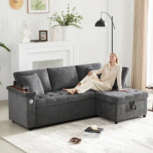 3-zitsbank met slaapfunctie – Hoekbank met twee kussens en armleuning – met opbergruimte – grijs chenille 3-zitsbank met slaapfunctie – Hoekbank met twee kussens en armleuning – met opbergruimte – grijs chenille