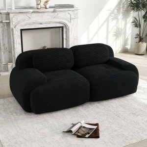 2-zitsbank met kussens – Rechte bank met gebogen armleuningen en decoratieve kussens – Zwart corduroy 2-zitsbank met kussens – Rechte bank met gebogen armleuningen en decoratieve kussens – Zwart corduroy