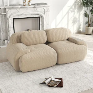 2-zitsbank met kussens – Rechte bank met gebogen armleuningen en sierkussens – beige corduroy 2-zitsbank met kussens – Rechte bank met gebogen armleuningen en sierkussens – beige corduroy