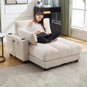 1-zitsbank met armleuningen – Relaxbank met 2 bekerhouders en zijvakken – beige corduroy