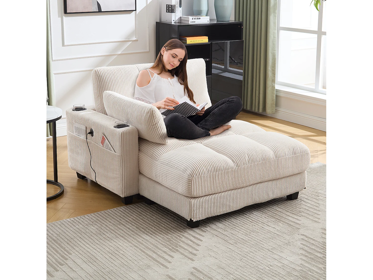 1-zitsbank met armleuningen – Relaxbank met 2 bekerhouders en zijvakken – beige corduroy