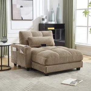 1-zitsbank met armleuningen – Relaxbank met 2 bekerhouders en zijzakken – khaki corduroy 1-zitsbank met armleuningen – Relaxbank met 2 bekerhouders en zijzakken – khaki corduroy
