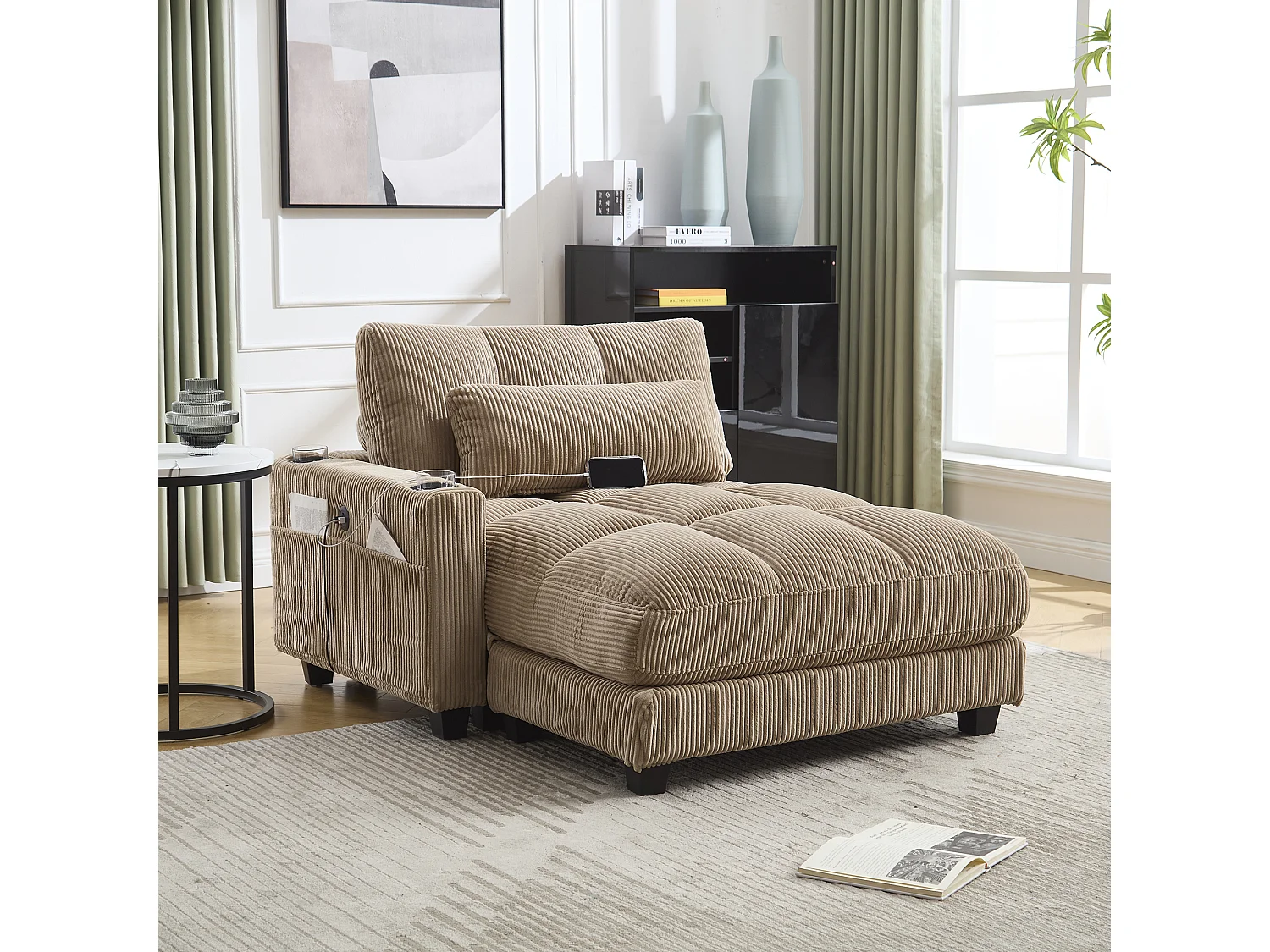 1-zitsbank met armleuningen – Relaxbank met 2 bekerhouders en zijzakken – khaki corduroy