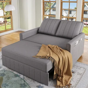 2-zitsbank met uitschuiffunctie – Relaxbank met zijzakken en 2 kussens – Grijs linnen 2-zitsbank met uitschuiffunctie – Relaxbank met zijzakken en 2 kussens – Grijs linnen