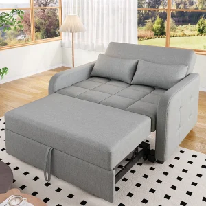 2-zitsbank met uitschuiffunctie – Relaxbank met verstelbare rugleuning en 2 kussens – Grijs linnen 2-zitsbank met uitschuiffunctie – Relaxbank met verstelbare rugleuning en 2 kussens – Grijs linnen