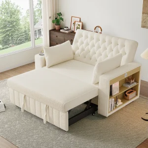 Bank met uitschuiffunctie – Woonkamerbank met bekerhouder en USB-oplaadpoort – Opbergplank – beige chenille Bank met uitschuiffunctie – Woonkamerbank met bekerhouder en USB-oplaadpoort – Opbergplank – beige chenille