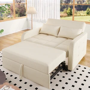 2-zitsbank met uitschuiffunctie – Relaxbank met verstelbare rugleuning en 2 kussens – Beige linnen 2-zitsbank met uitschuiffunctie – Relaxbank met verstelbare rugleuning en 2 kussens – Beige linnen