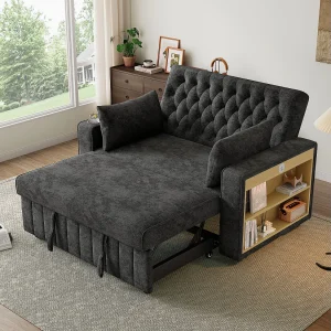 Bank met uitschuiffunctie – Woonkamerbank met bekerhouder en USB-oplaadpoort – Opbergplank – Grijs chenille Bank met uitschuiffunctie – Woonkamerbank met bekerhouder en USB-oplaadpoort – Opbergplank – Grijs chenille