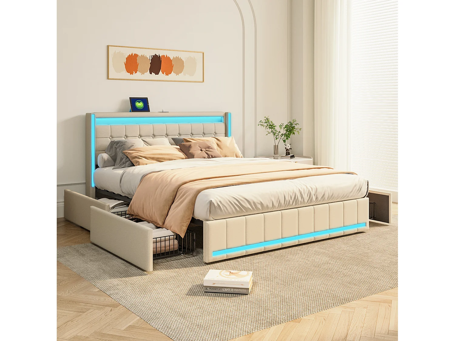140×190 Bed met LED en USB-basis, tweepersoonsbed met 4 lades, beige