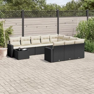 11-delige Loungeset met kussens poly rattan zwart