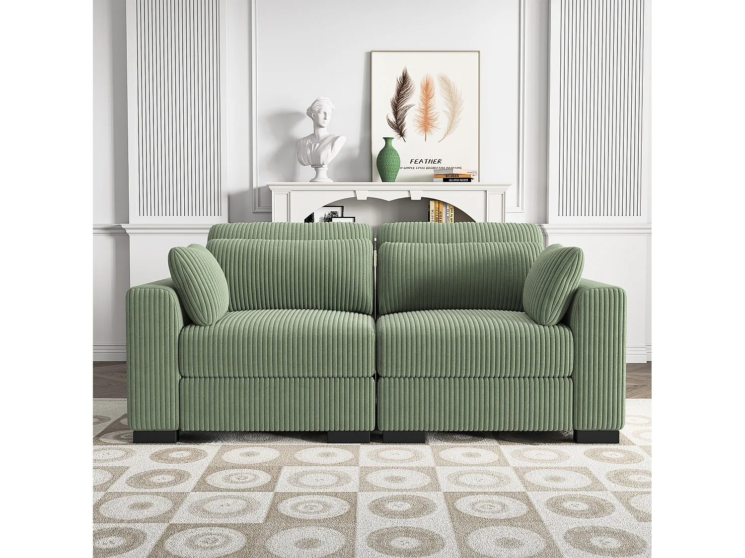 2-zits Express converteerbare bank in groene stof - met opbergpoef - corduroy hoekbank met voetenbank - modern en comfortabel