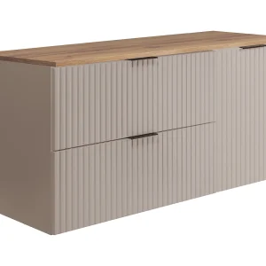 Badkamerset: kast met laden en kast met deuren 57×46×120 cm, kleur: kasjmier / Craft Eik werkblad, zwarte handgreep
