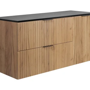 Badkamerset: kast met laden en kast met deuren 57×46×120 cm, kleur: Craft Eik / zwart werkblad, zwarte handgreep