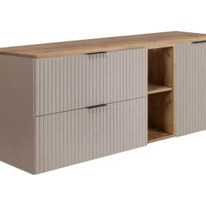 Badkamerset: kast met laden, kast met deuren en plank 57×46×140 cm, kleur: Craft Eik / Cashmere, zwarte handgreep Badkamerset: kast met laden, kast met deuren en plank 57×46×140 cm, kleur: Craft Eik / Cashmere, zwarte handgreep