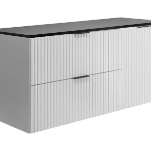 Badkamerset: kast met laden en kast met deuren 57×46×120 cm, kleur: wit / zwart werkblad, zwarte handgreep