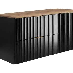 Badkamerset: kast met laden en kast met deuren 57×46×120 cm, kleur: zwart / Craft Eik werkblad, gouden handgreep