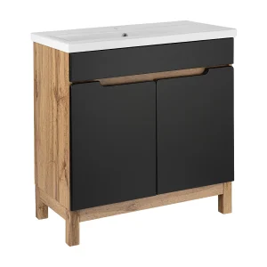 Badkamerset staand kastje met wastafel 80 cm eiken Wotan / zwart Alma Badkamerset staand kastje met wastafel 80 cm eiken Wotan / zwart Alma