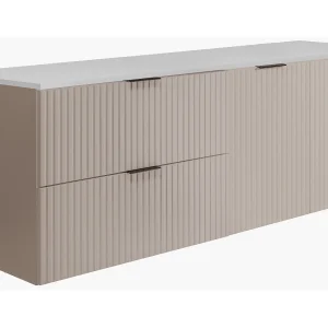Badkamerset: kast met laden en kast met deuren 57×46×160 cm, kleur: kasjmier / wit werkblad, zwarte handgreep