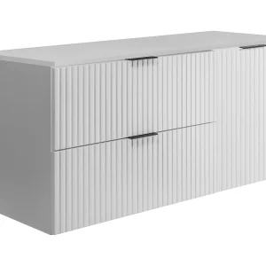 Badkamerset: kast met laden en kast met deuren 57×46×120 cm, kleur: wit / wit werkblad, zwarte handgreep