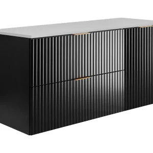 Badkamerset: kast met laden en kast met deuren 57×46×120 cm, kleur: zwart/wit werkblad, gouden handgreep