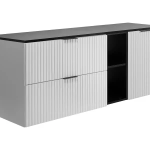 Badkamerset: kast met laden, kast met deuren en plank 57×46×140 cm, kleur: wit/zwart, zwarte handgreep Badkamerset: kast met laden, kast met deuren en plank 57×46×140 cm, kleur: wit/zwart, zwarte handgreep