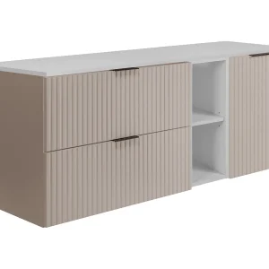 Badkamerset: kast met laden, kast met deuren en plank 57×46×140 cm, kleur: wit / kasjmier, zwarte handgreep Badkamerset: kast met laden, kast met deuren en plank 57×46×140 cm, kleur: wit / kasjmier, zwarte handgreep