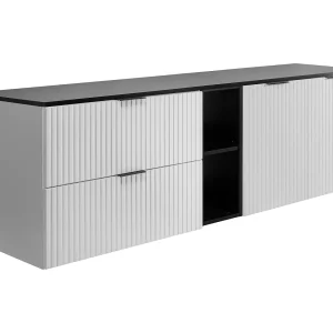 Badkamerset: kast met laden, kast met deuren en plank 57×46×180 cm, kleur: wit/zwart, zwarte handgreep Badkamerset: kast met laden, kast met deuren en plank 57×46×180 cm, kleur: wit/zwart, zwarte handgreep