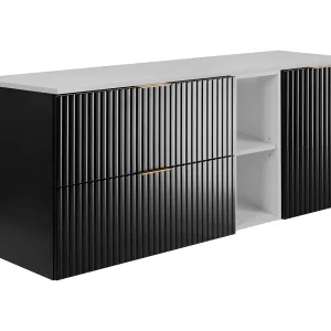 Badkamerset: kast met laden, kast met deuren en plank 57×46×140 cm, kleur: wit/zwart, gouden handgreep Badkamerset: kast met laden, kast met deuren en plank 57×46×140 cm, kleur: wit/zwart, gouden handgreep